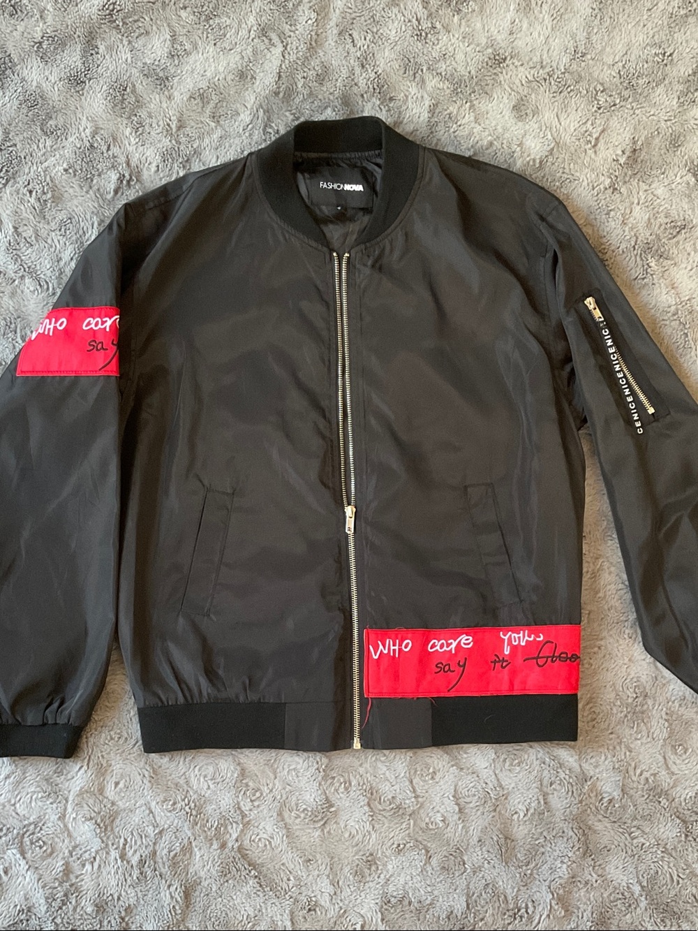 Black Bomber Jacket with Red Patch Details